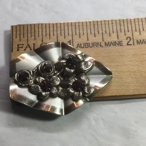 Vintage Art Deco Dress Clip Silver Tone Floral Purple Rhinestones 1930s Jewelry - Picture 9 of 9